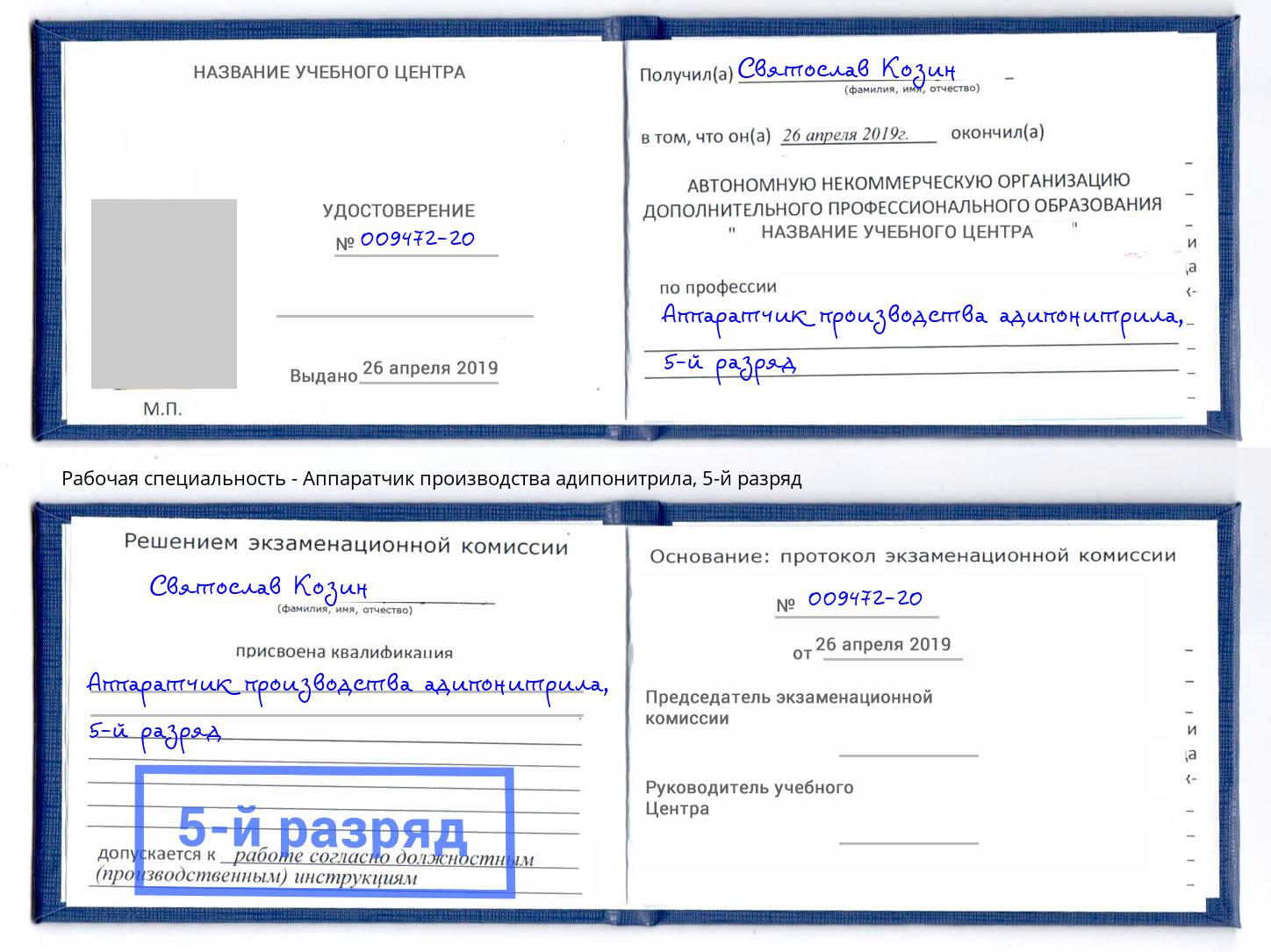 корочка 5-й разряд Аппаратчик производства адипонитрила Копейск