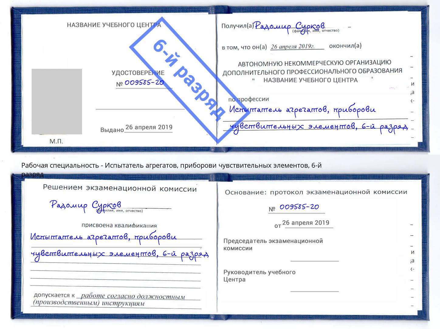 корочка 6-й разряд Испытатель агрегатов, приборови чувствительных элементов Копейск