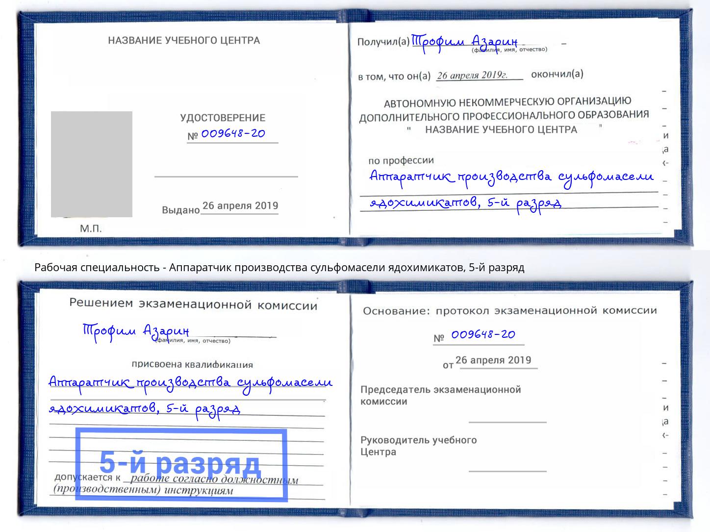 корочка 5-й разряд Аппаратчик производства сульфомасели ядохимикатов Копейск