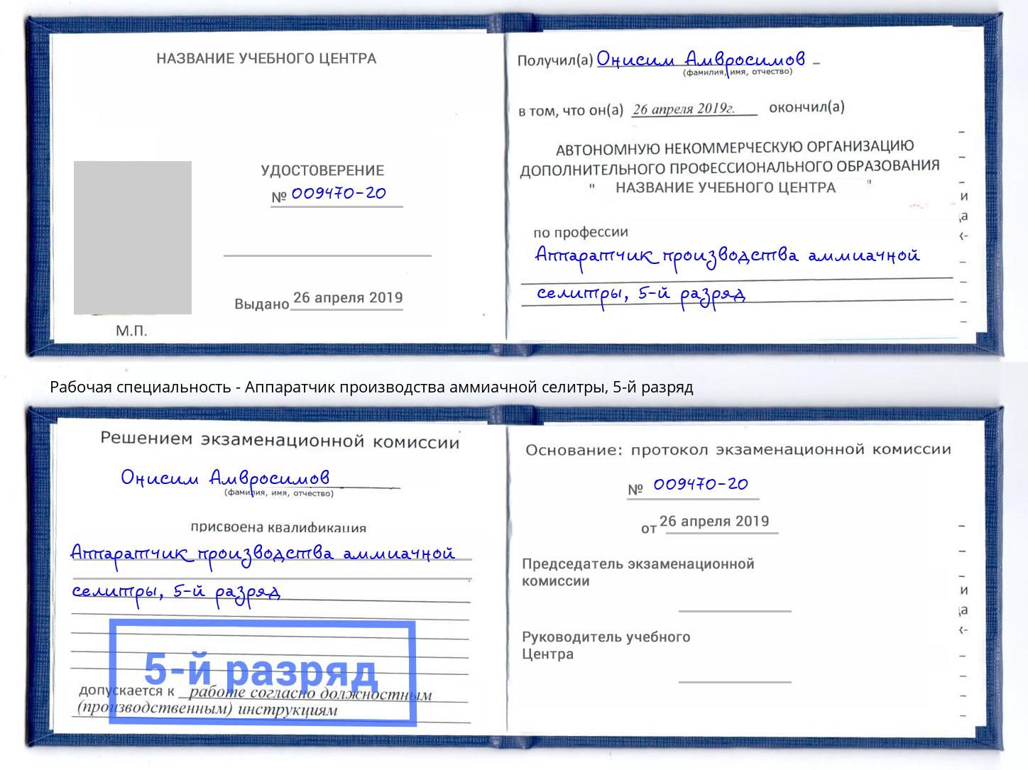 корочка 5-й разряд Аппаратчик производства аммиачной селитры Копейск