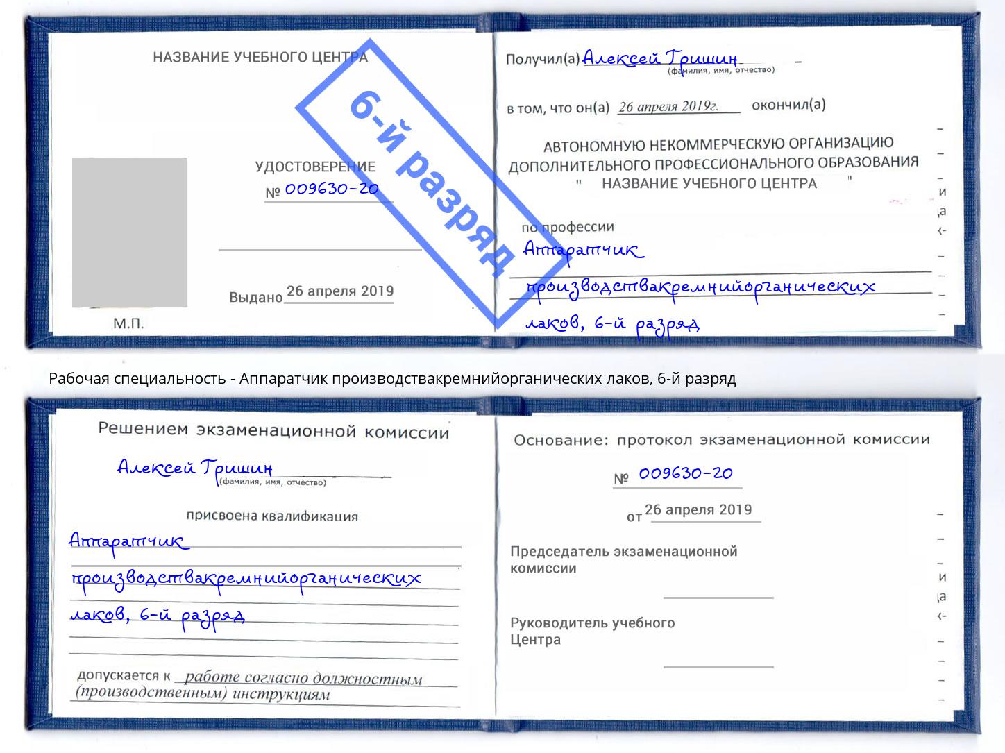 корочка 6-й разряд Аппаратчик производствакремнийорганических лаков Копейск