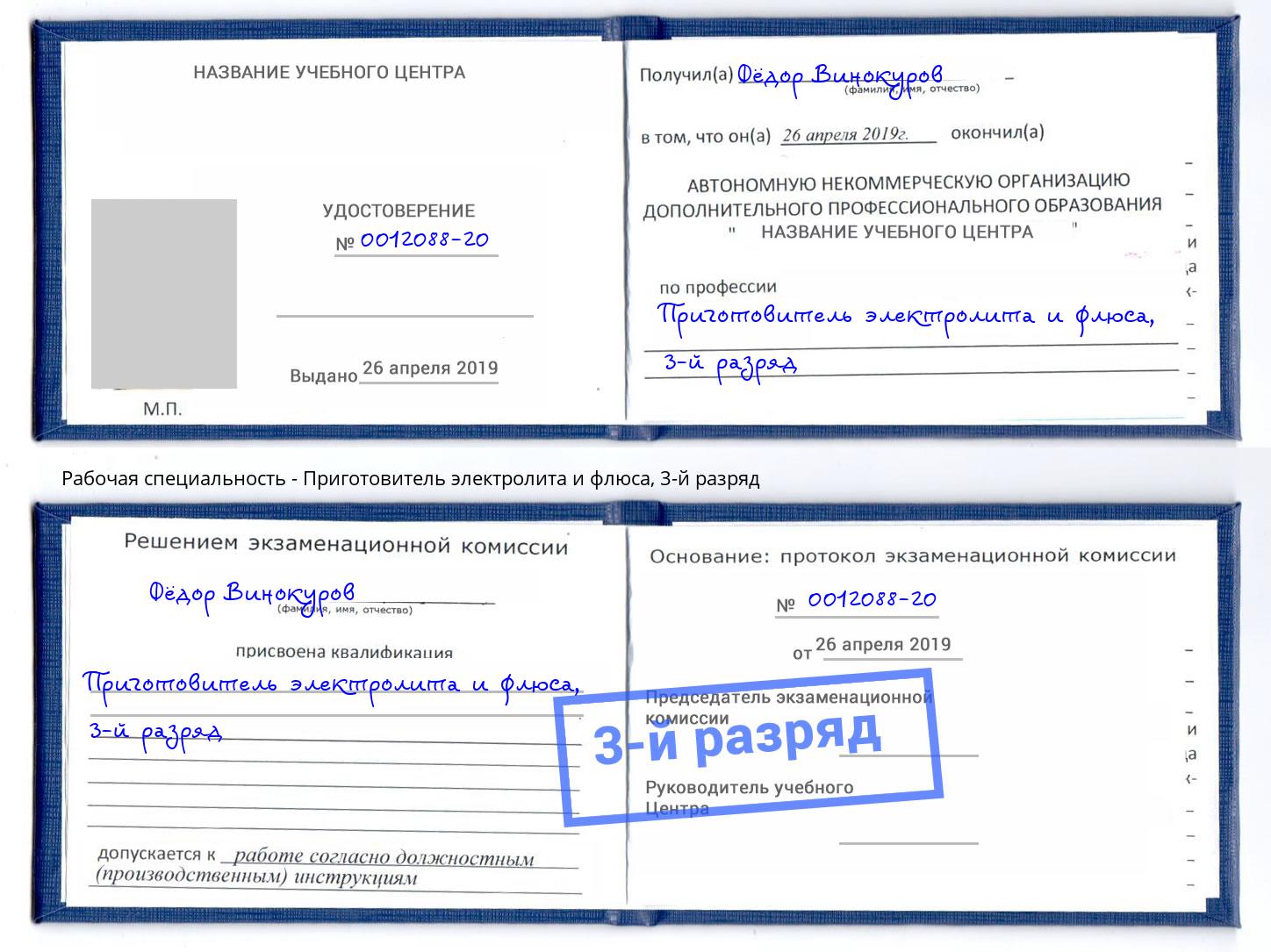 корочка 3-й разряд Приготовитель электролита и флюса Копейск